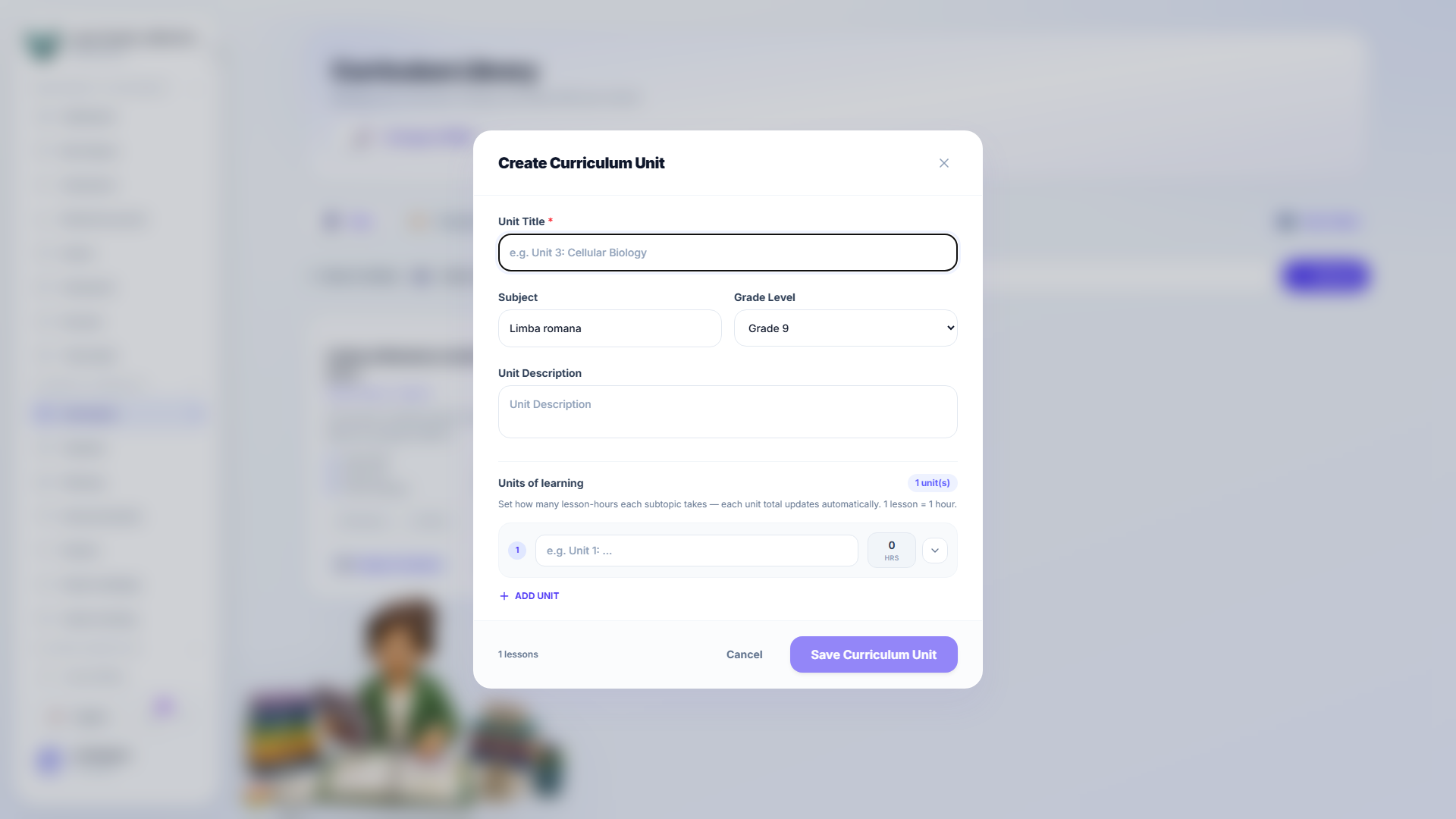 The manual curriculum editor — units, hours, competences and content