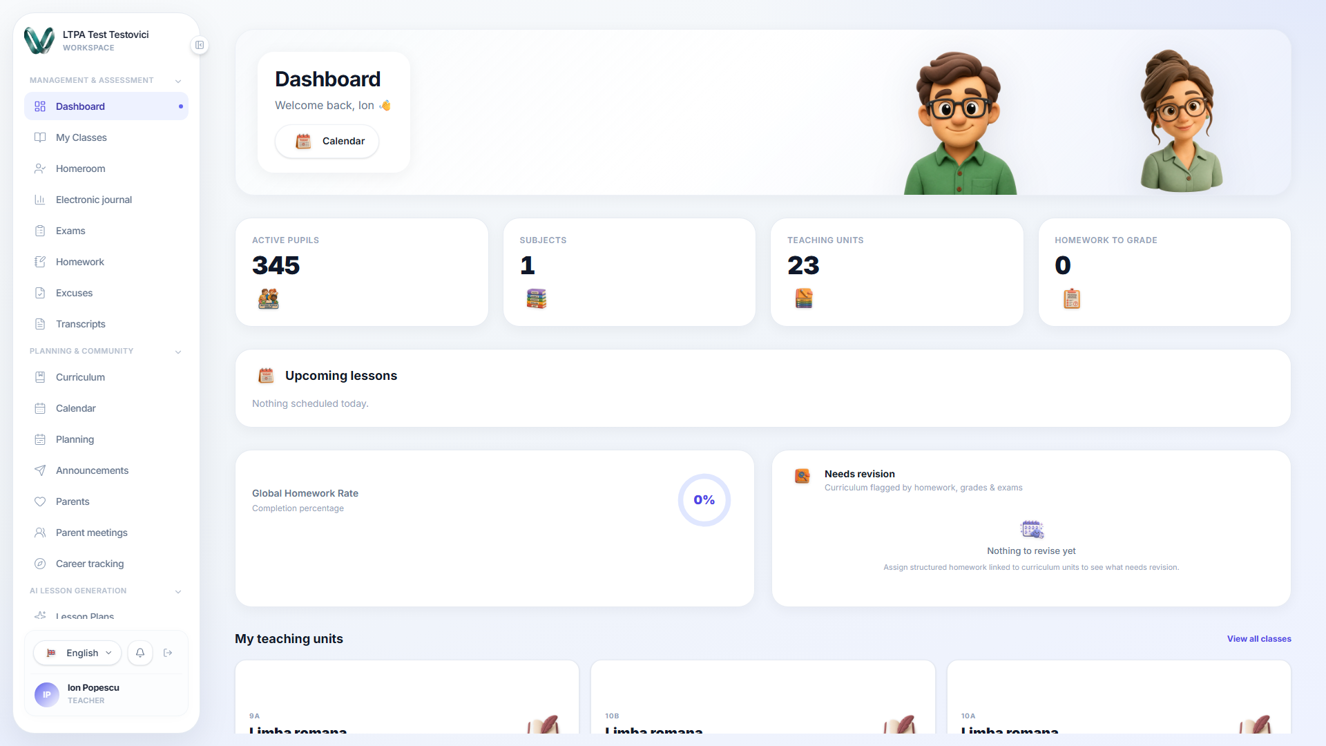The teacher dashboard with pupil, subject and teaching-unit counts, upcoming lessons and the homework completion rate