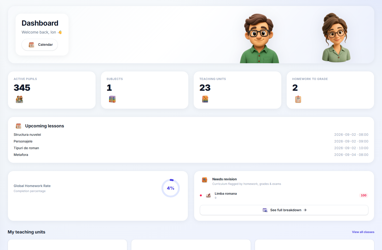 The full teacher dashboard, showing the welcome banner, four stat cards for active pupils, subjects, teaching units and homework to grade, the upcoming-lessons card, the homework completion ring, the curriculum-attention card, and the top of the My teaching units section.