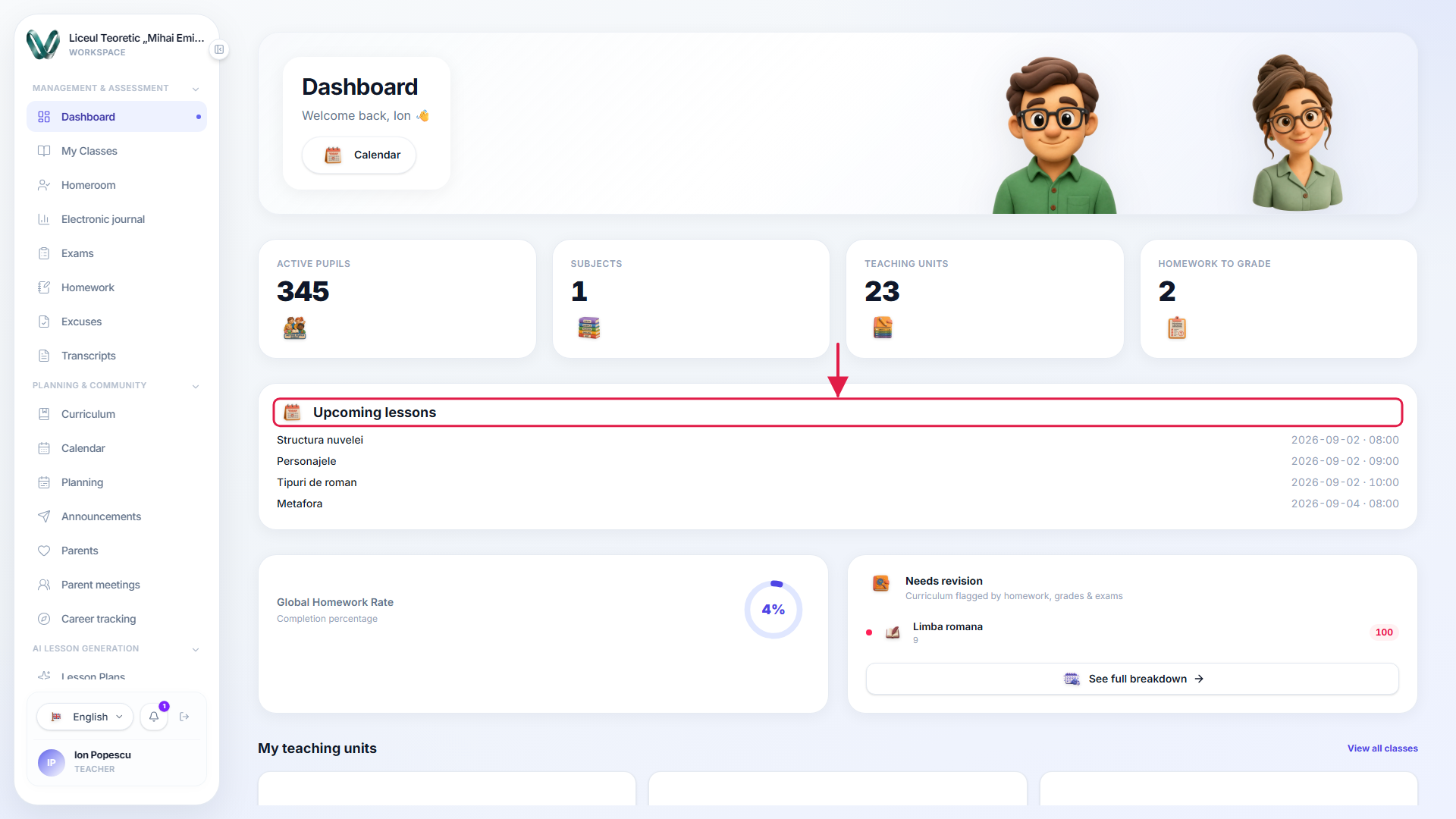 The dashboard with an arrow pointing to the upcoming-lessons card, which lists lesson titles alongside their date and time.