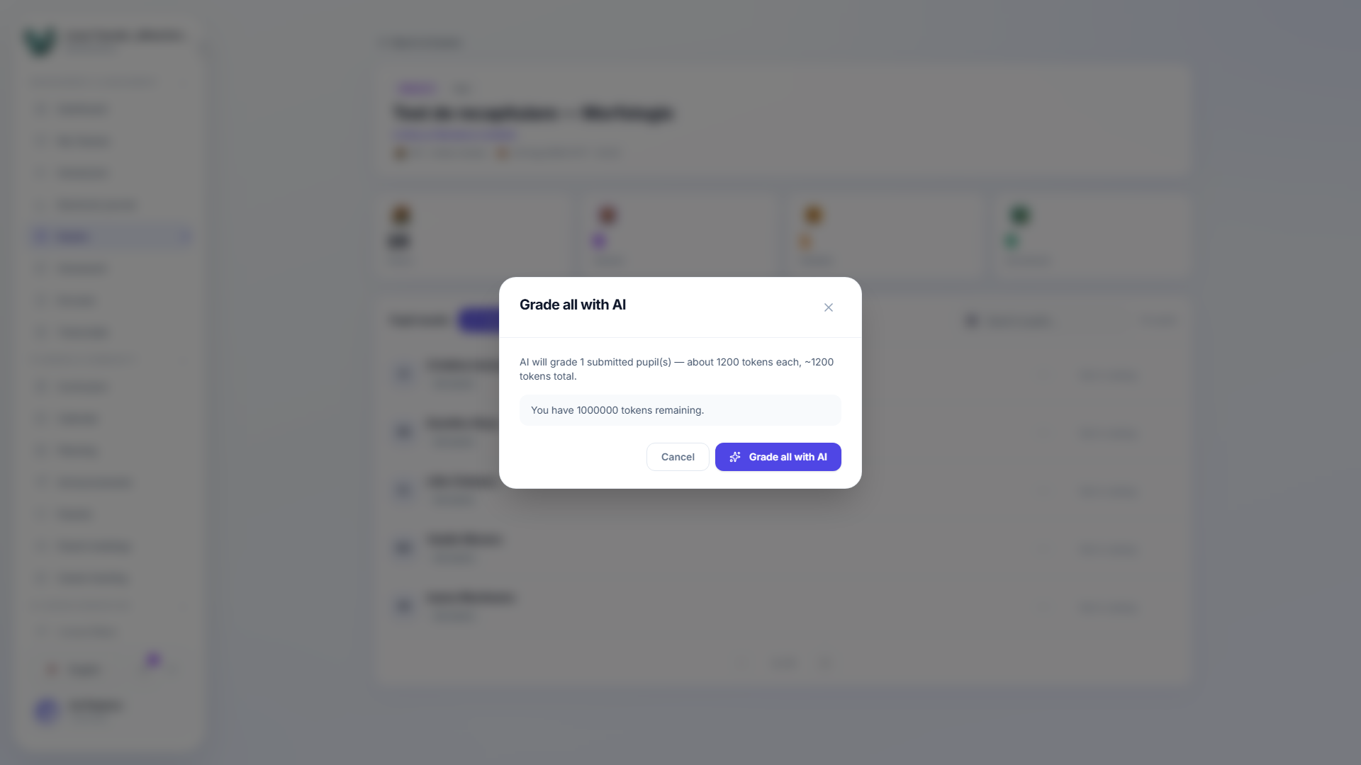 A 'Grade all with AI' confirmation dialog stating how many submitted papers will be graded, the estimated token cost, and the tokens remaining, with Cancel and Grade all with AI buttons