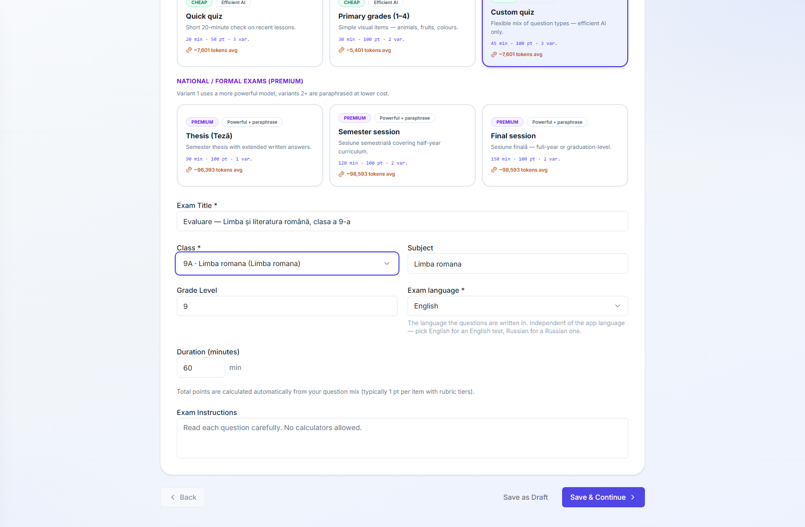 Step 1 of the exam wizard: exam-type template cards split into quick 'economic' tests and premium national-format exams, each showing duration, points, variants and an estimated token cost, above title, class and subject fields