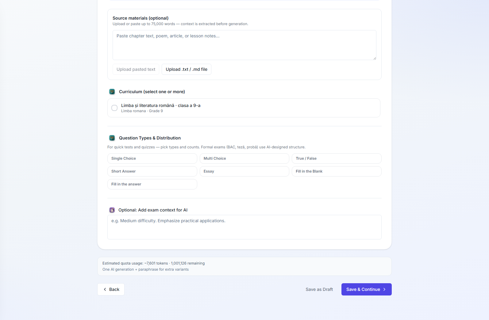 Step 2 of the exam wizard: a pasteable source-material box with a .txt/.md upload option, a curriculum checklist, seven question-type toggles (single choice, multiple choice, true/false, short answer, essay, fill-in-the-blank, complete-the-answer), and an optional free-text context box for the AI