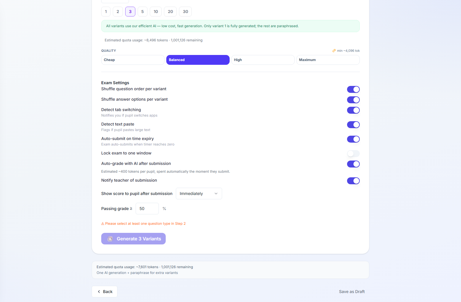 Step 3 of the exam wizard: a variant-count picker, a four-level quality tier selector, and toggles for shuffling question order and answer options, tab-switch and paste detection, auto-submit on time-out, single-window lock, AI auto-grading after submission, teacher notification, a show-score-timing dropdown, and a passing-grade percentage