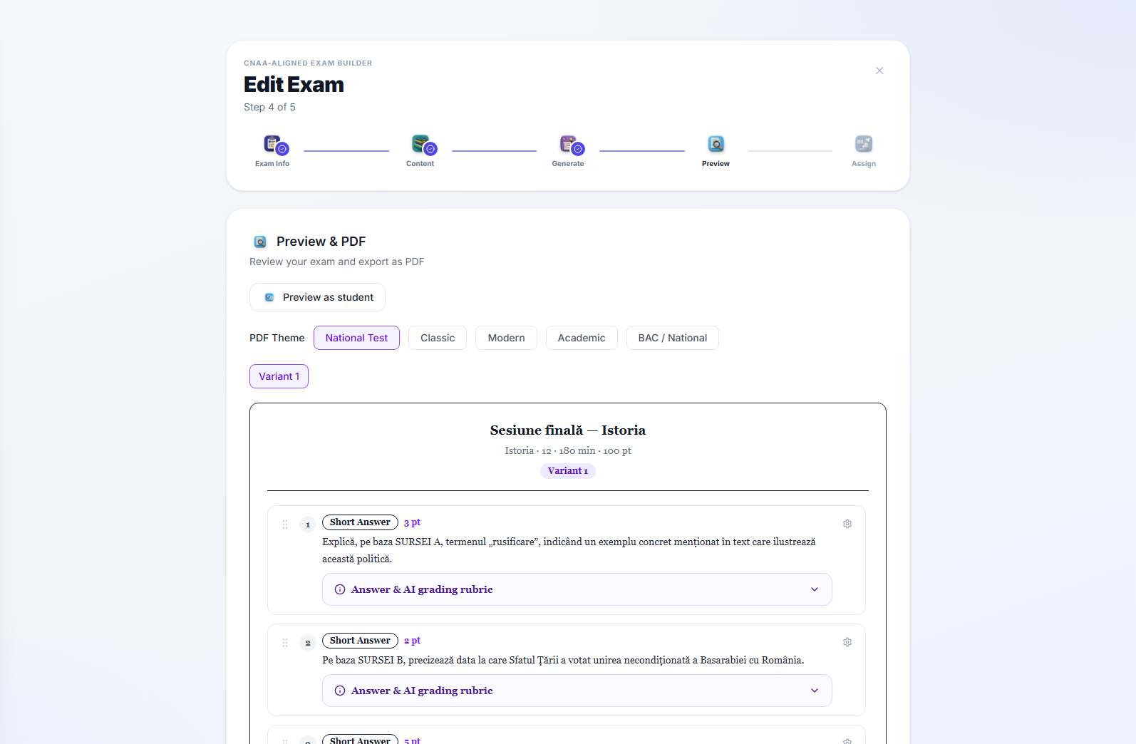 Step 4 of the exam wizard: a Preview as pupil button, a PDF-theme picker with Test Național selected, a Varianta 1 tab, and an editable question list with drag handles, point values and an expandable 'Answer & AI rubric' panel per question