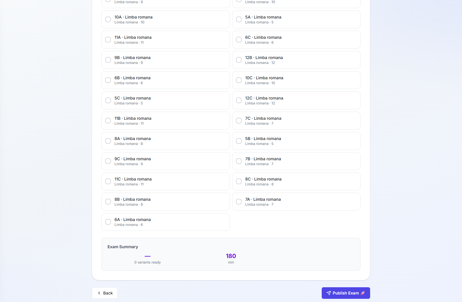 Step 5 of the exam wizard: a checklist of classes to assign the exam to, and a summary panel showing the exam duration and how many variants are ready, above a Publish exam button