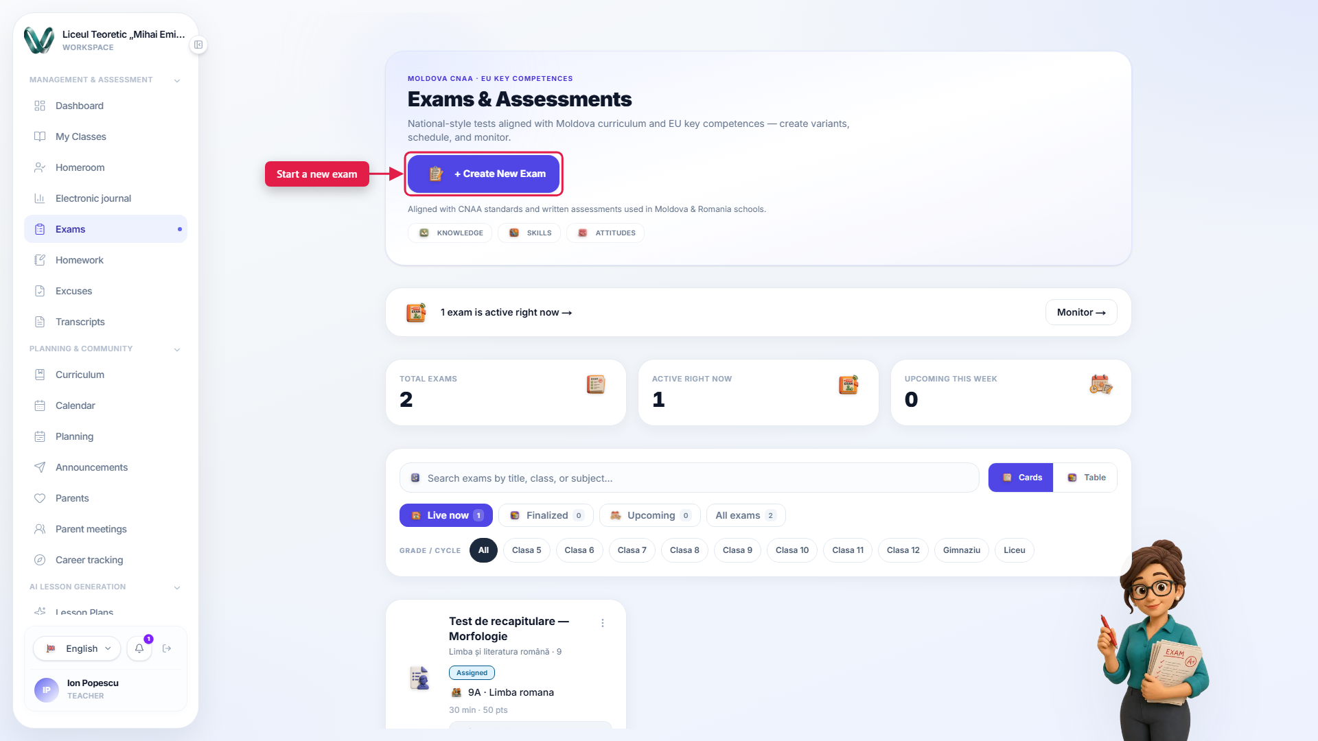 The exams list with status and schedule filters