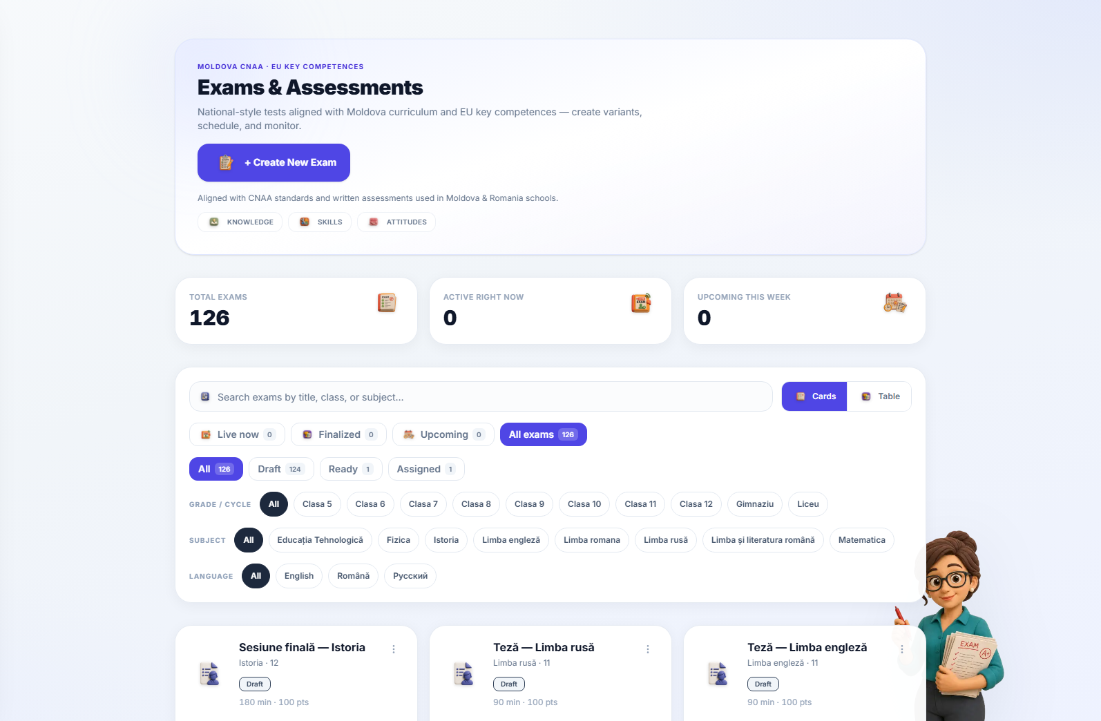 Exams page header with total, live and this-week counters, a search box, and status, class, subject and language filter chips above a grid of exam cards