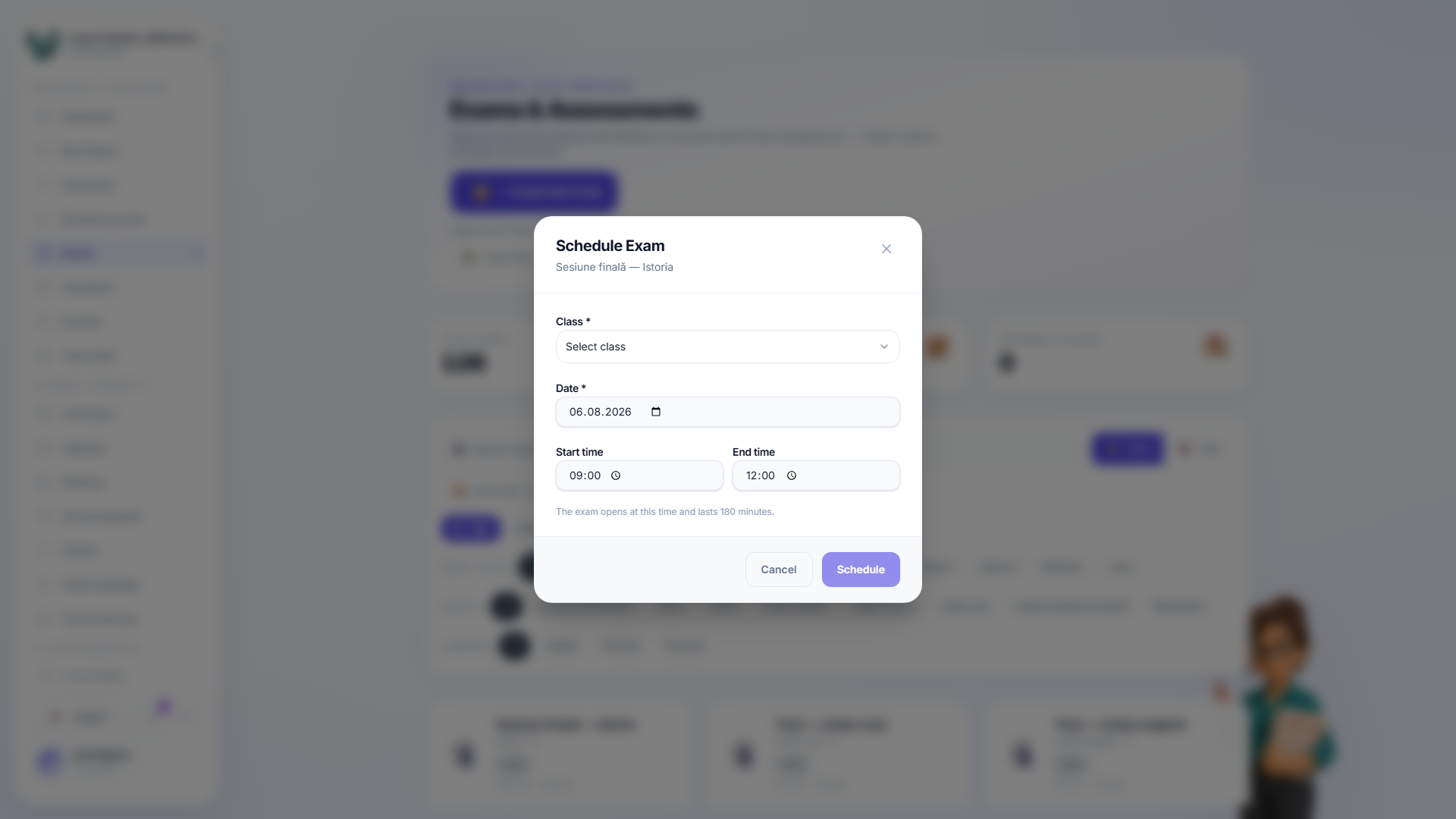 An exam card's actions menu open, listing Edit, Preview and Preview as pupil — reopening Edit on a draft returns to the wizard's Assign step