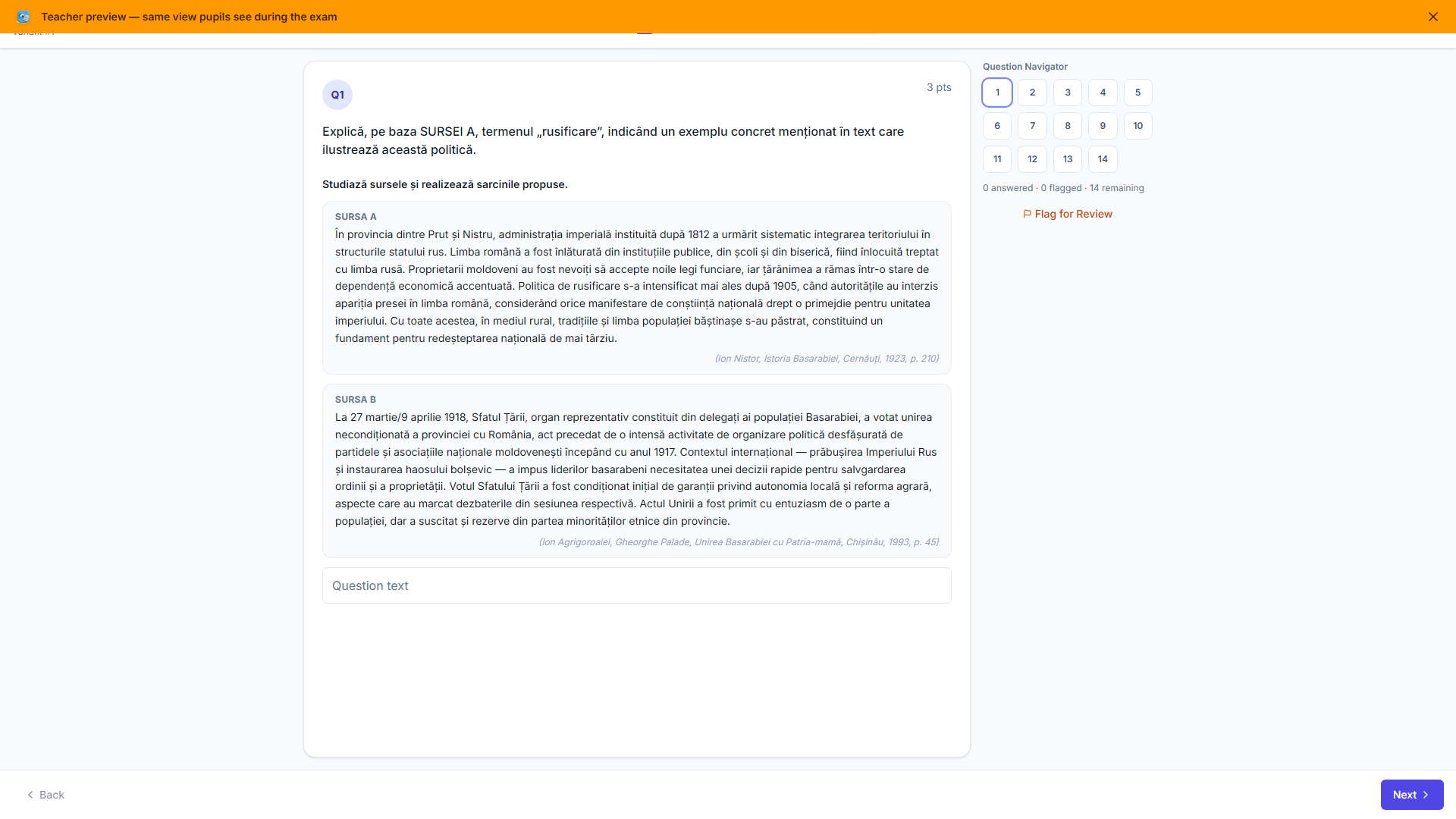 The pupil-facing exam screen shown in preview mode: an orange 'teacher preview — same interface as pupils' banner, a source-based history question with two cited passages, and a 14-question navigator sidebar