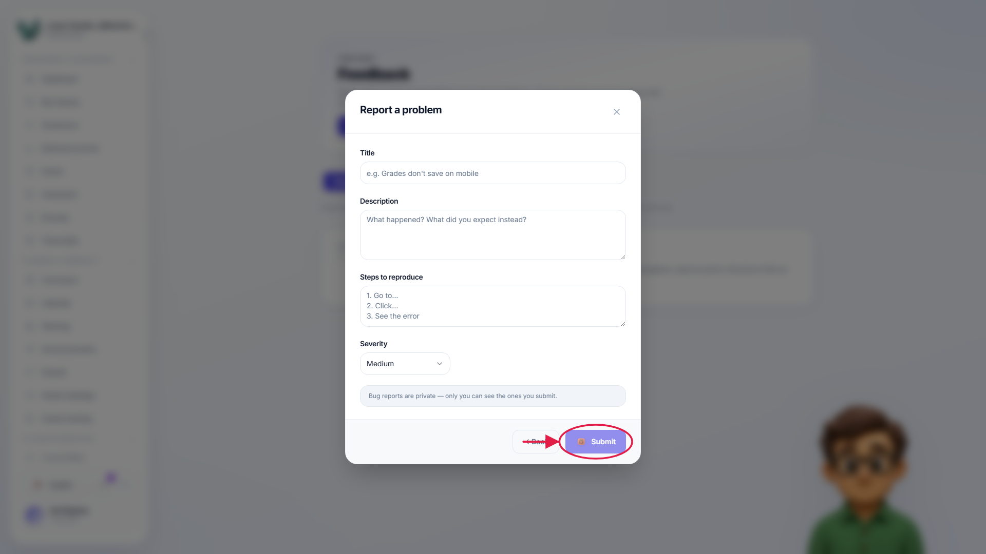The bug report form with the submit action highlighted