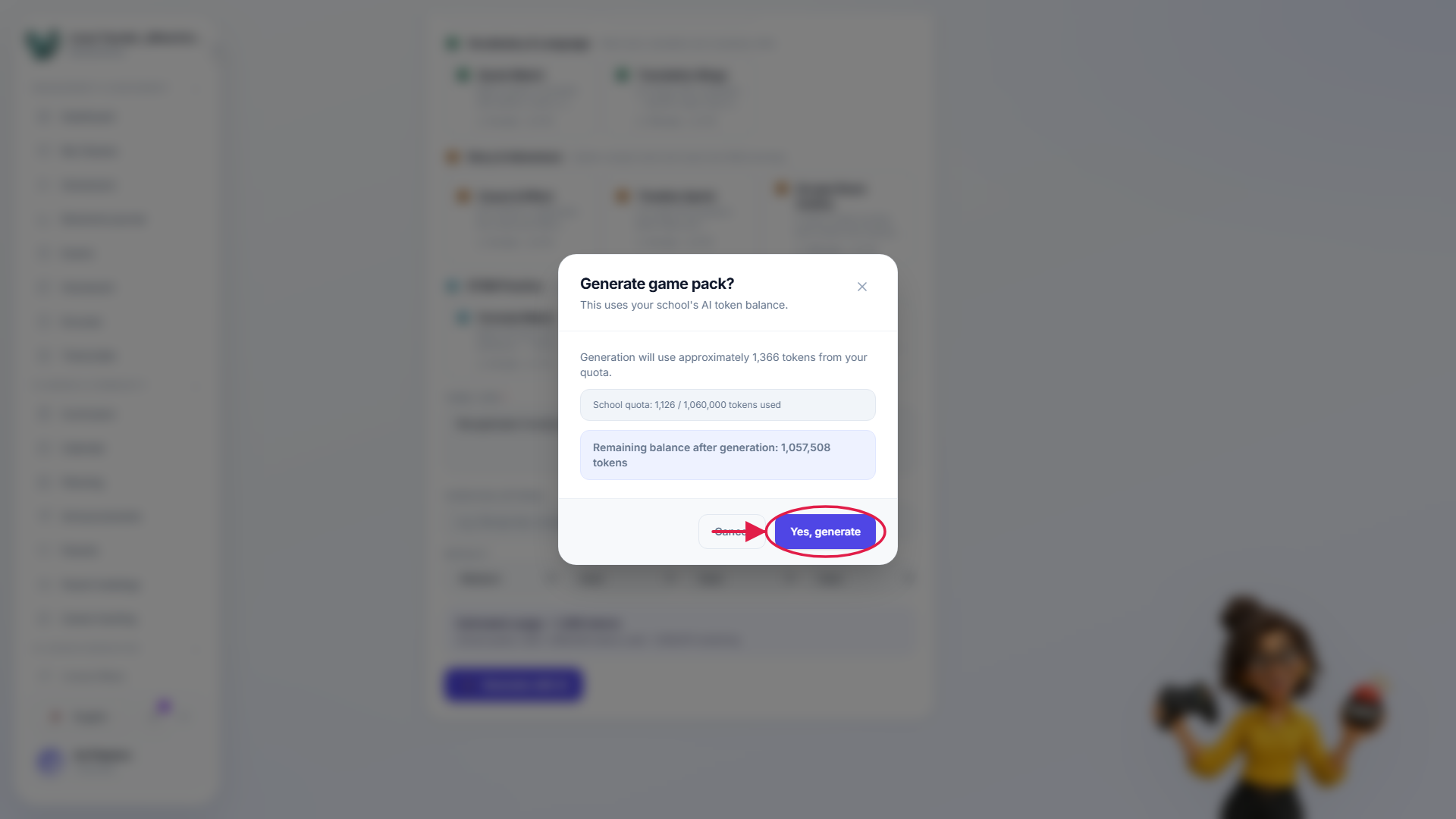 The generate-pack confirmation with its cost, and the confirm button highlighted