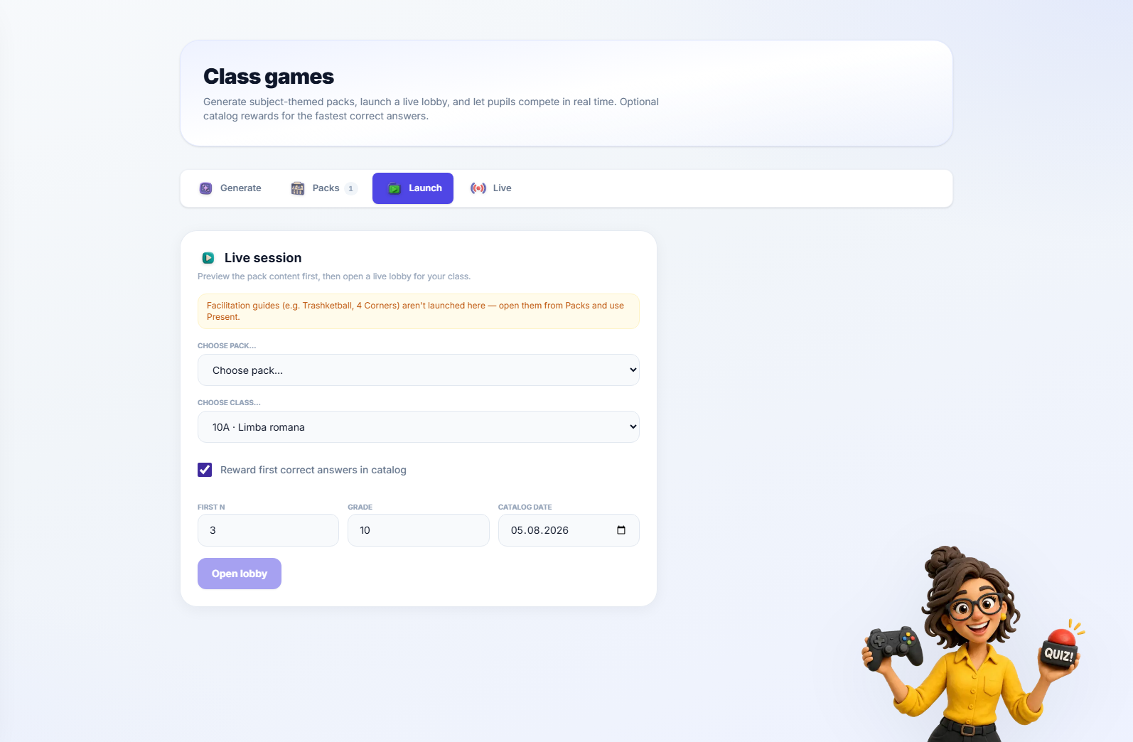 The launch tab, ready to start a live session
