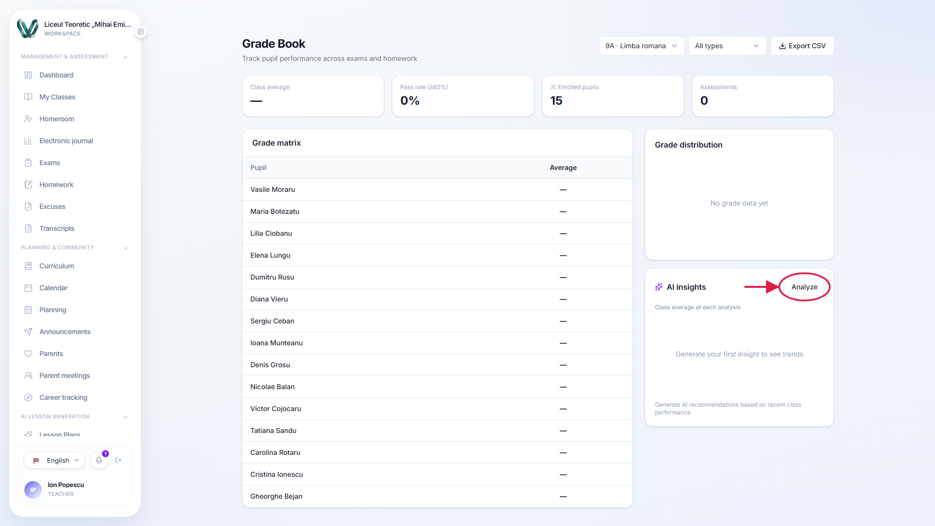 The AI insights panel's Analyze button highlighted, with placeholder text prompting the teacher to generate the first analysis