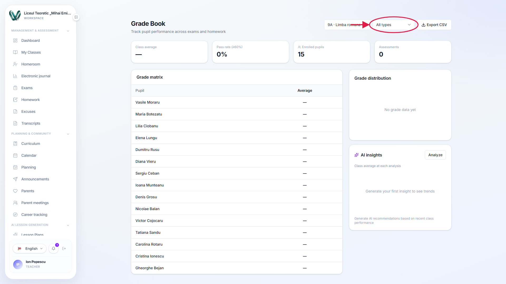 The type filter dropdown next to the class picker, highlighted, set to 'All types'