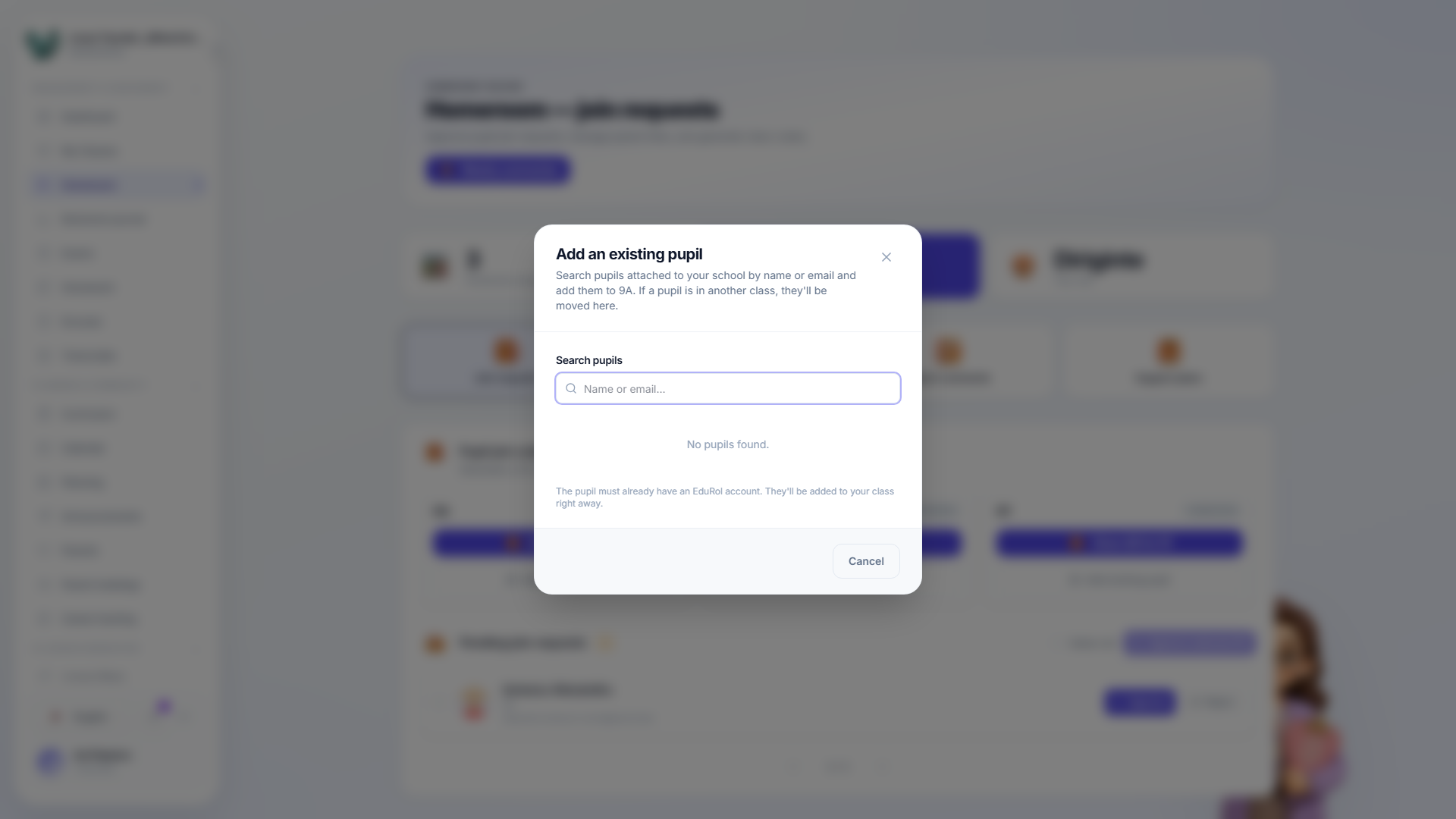 The add-existing-pupil dialog, searching the school roster
