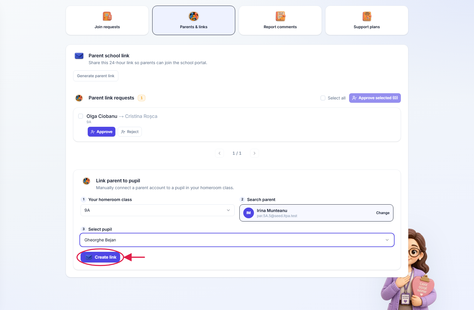 Linking a parent to a pupil — the parent search and the class roster picker filled in