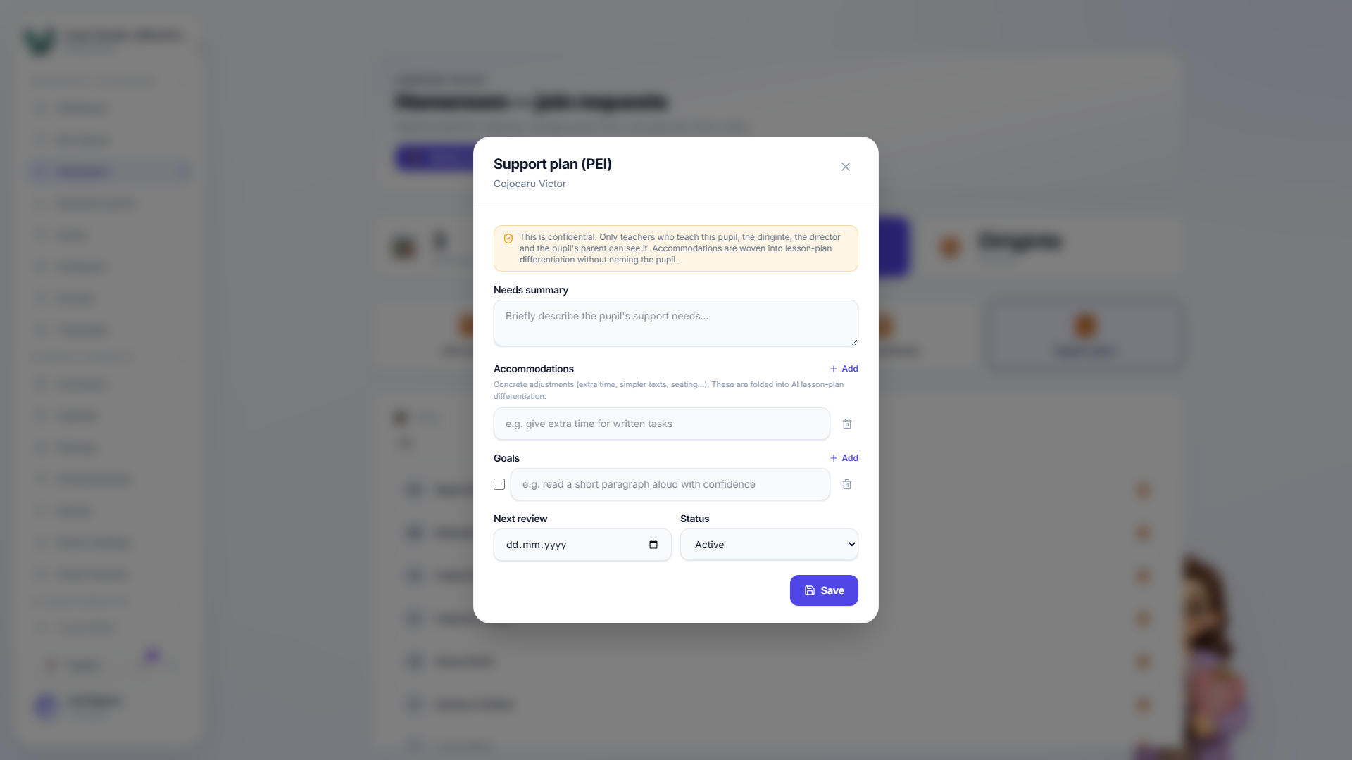 An empty support plan form — needs, accommodations, goals and a review date