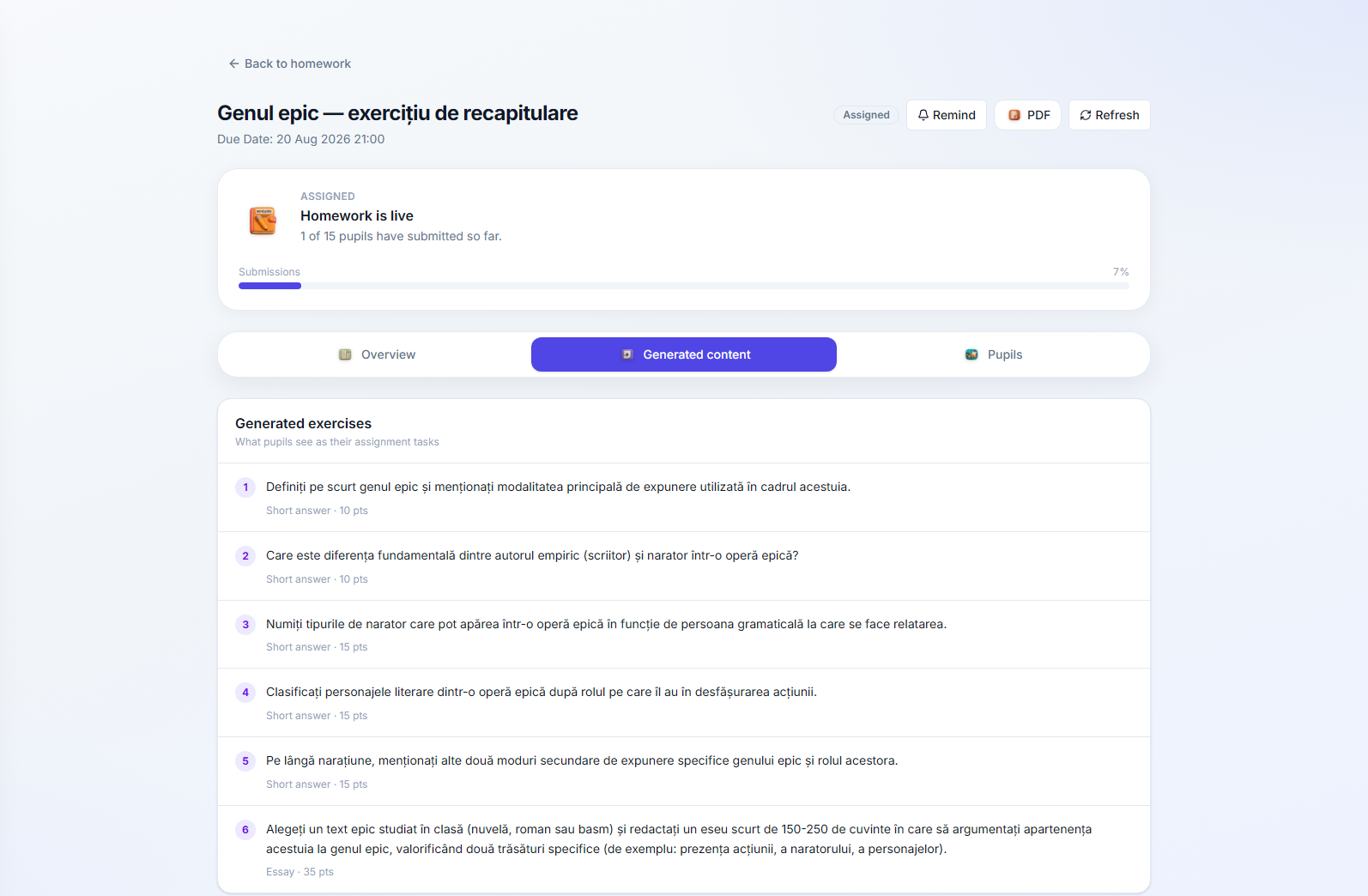The Generated content tab, listing generated questions with their type — short answer or essay — and point value