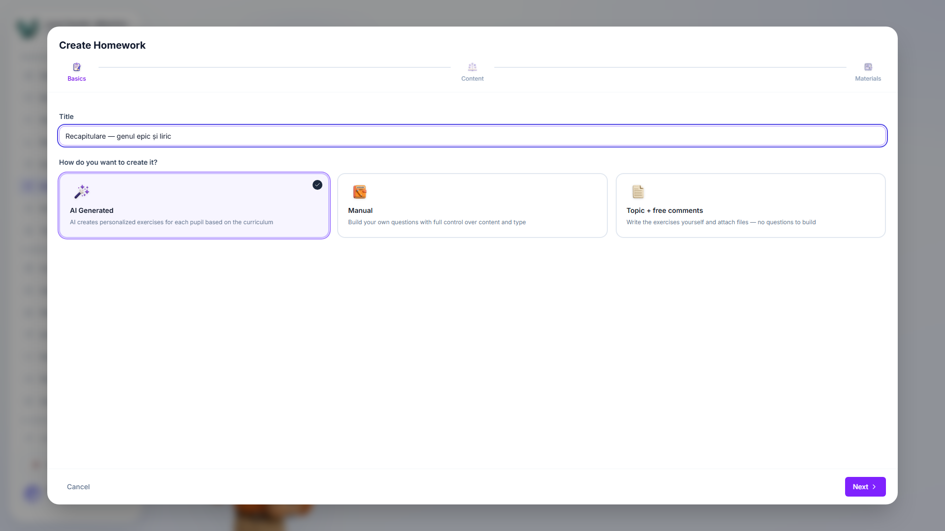 Step 1 of the create-homework wizard: a title field and three cards for choosing AI-generated, manual, or topic-with-comments homework, with AI-generated selected