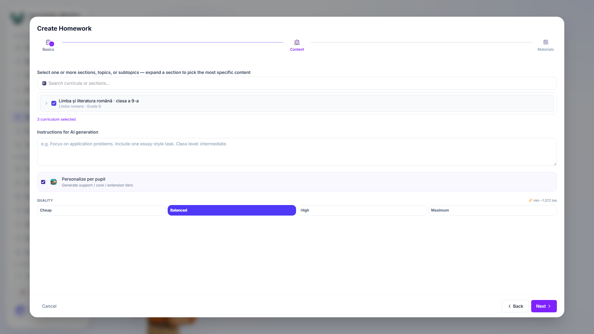 Step 2 for AI-generated homework: one curriculum section selected, a free-text instructions box, a personalize-per-pupil toggle, and a quality tier picker set to Balanced with an estimated token cost