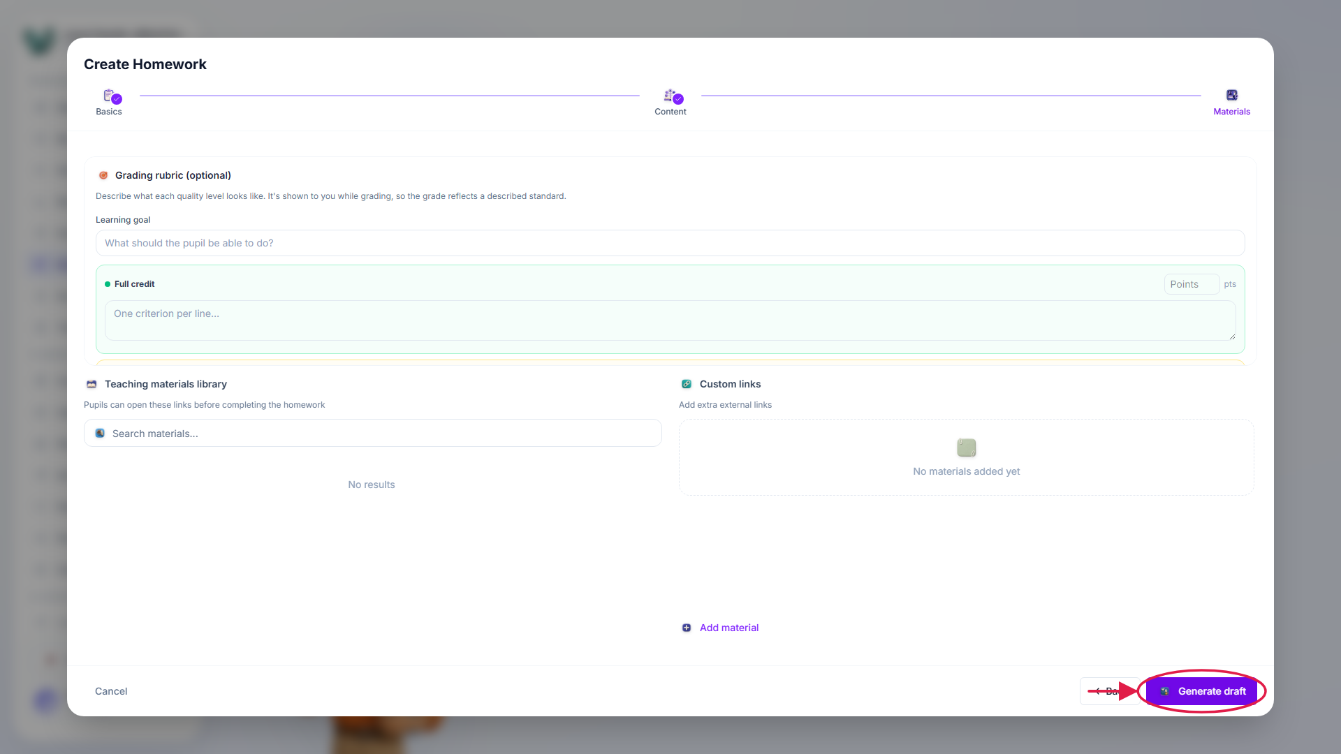 Step 3 of the wizard: an optional grading rubric with a learning objective and full-score criteria, and empty Library materials and Custom links panels