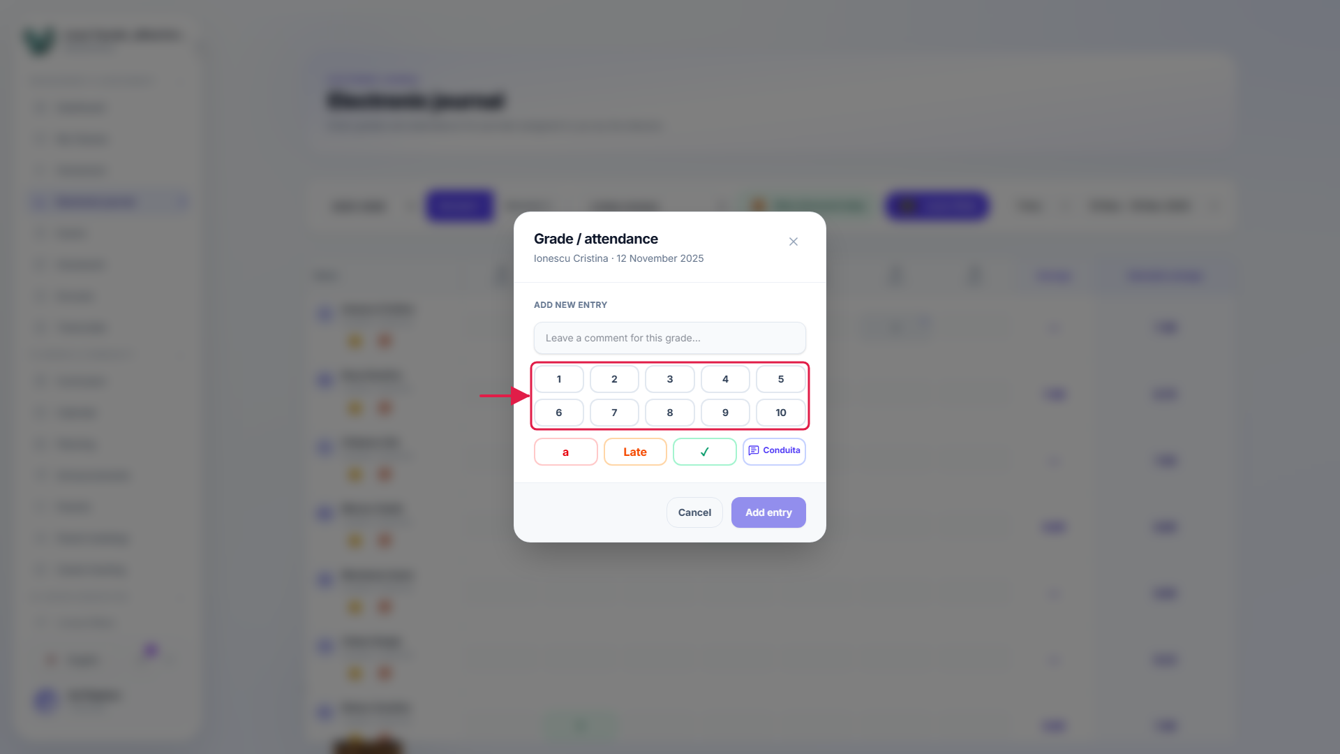 The 1 through 10 grade buttons highlighted inside the entry modal.