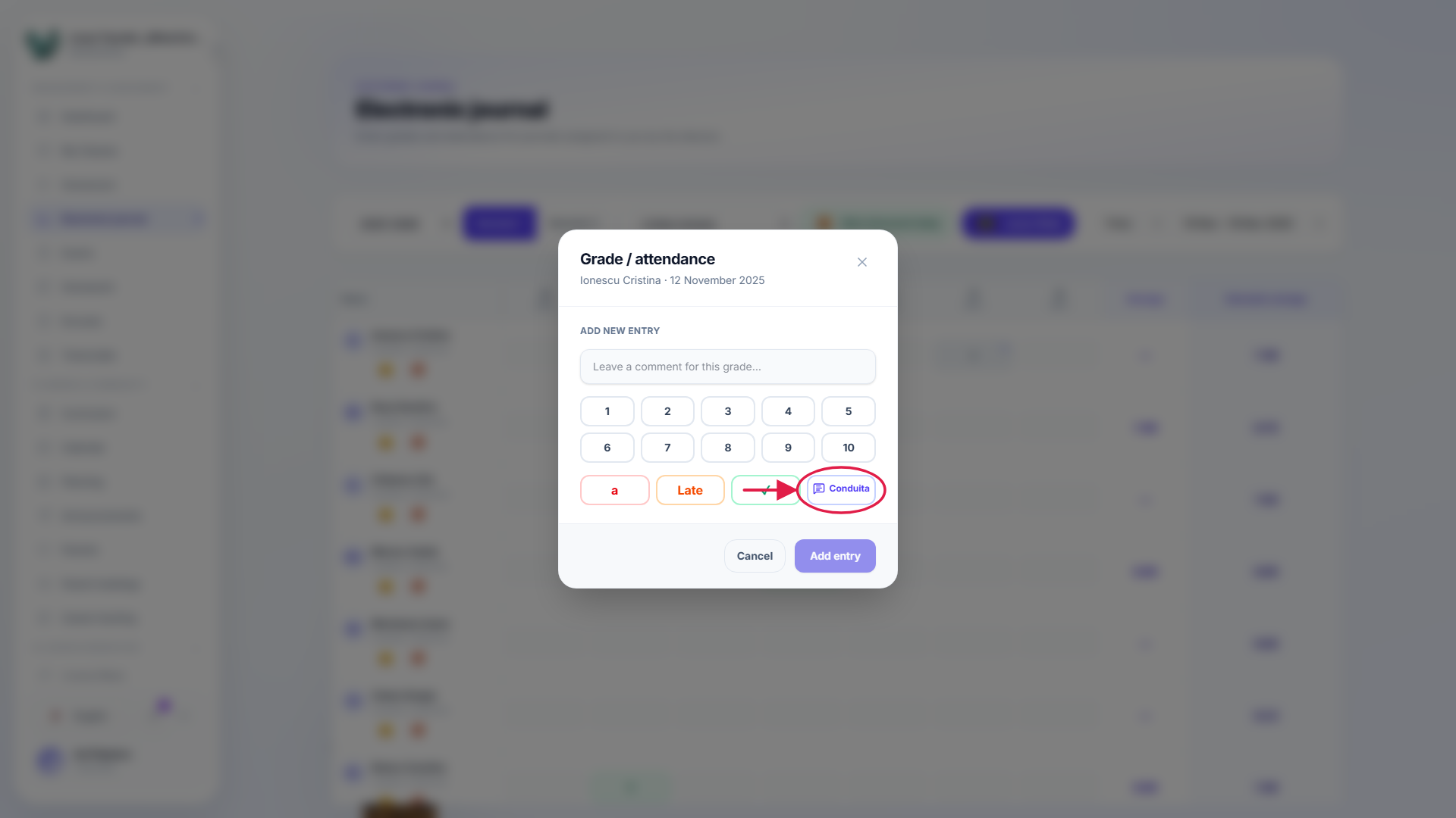 The Absence, Late, Present, and Conduita buttons highlighted at the bottom of the entry modal.