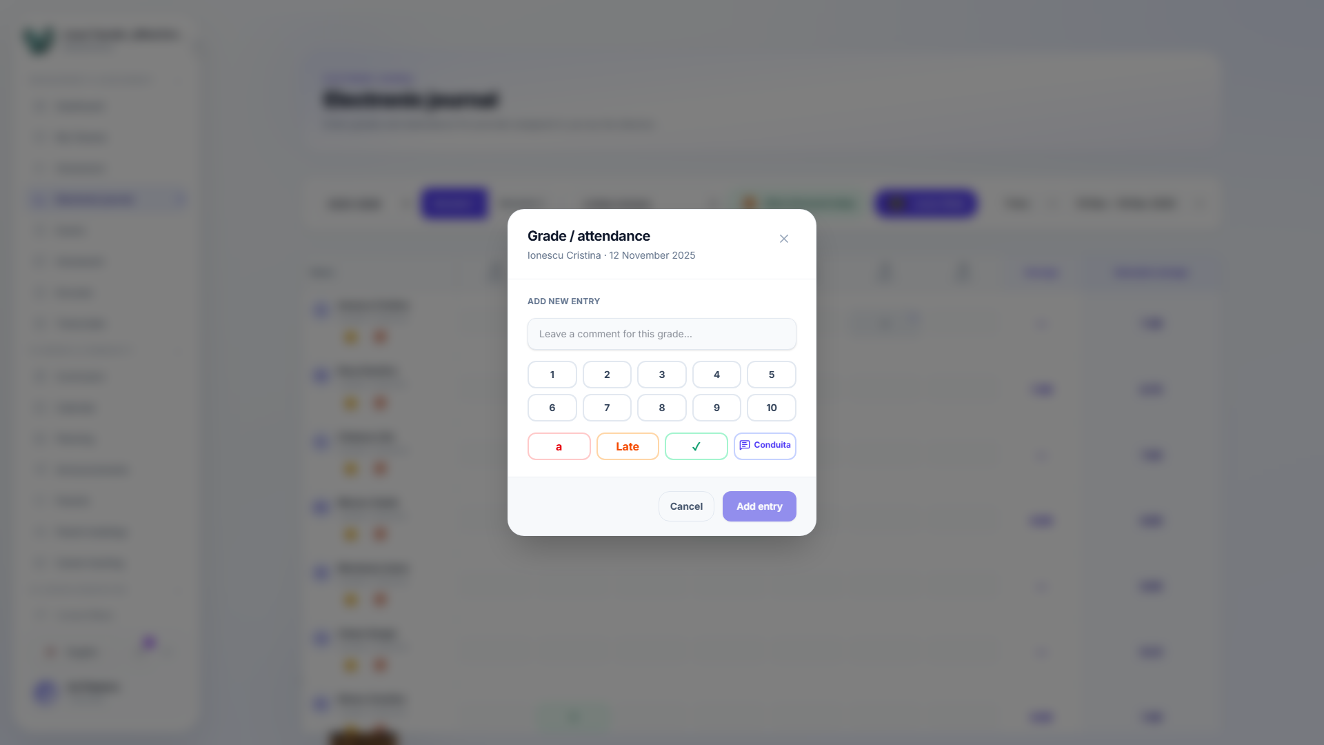 The grade/attendance entry modal for a pupil on a specific date, with a comment field, grade buttons 1 through 10, and Absence/Late/Present/Conduita buttons.