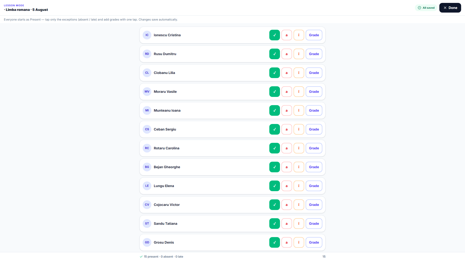 Full-screen Lesson Mode for a class: one row per pupil with Present/Absent/Late/Grade buttons, instructions at the top, and a running present/absent/late count at the bottom.