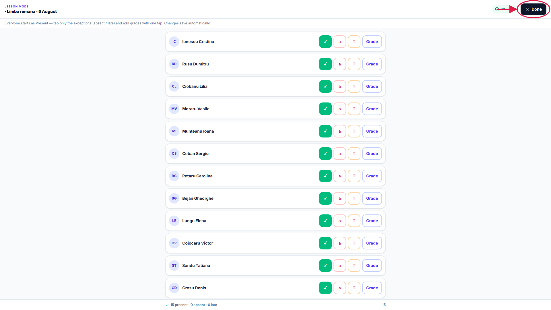 The top of Lesson Mode highlighted, showing the 'All saved' autosave status next to the Done button used to exit the screen.