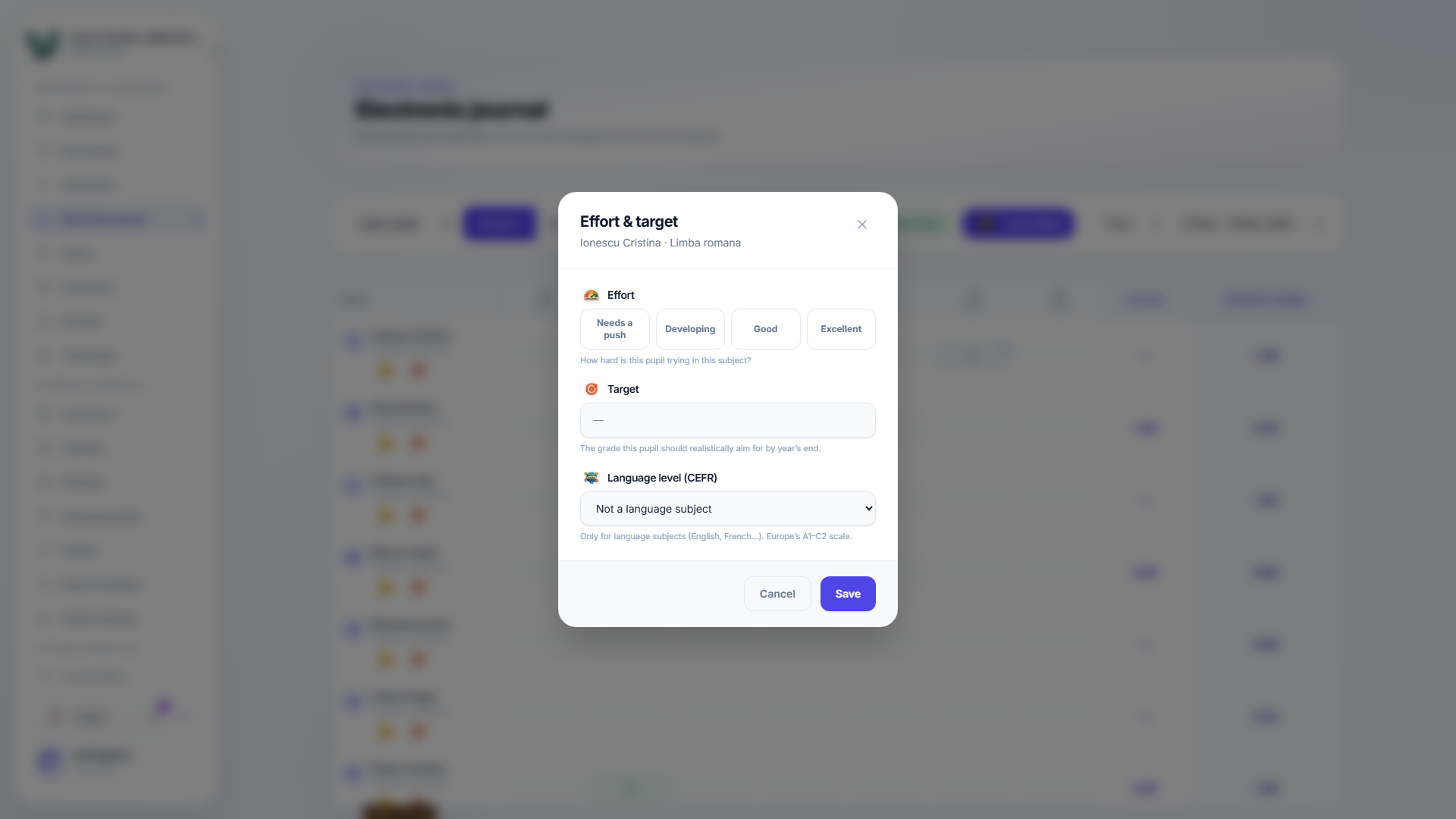 The Effort & target modal: four effort levels (Needs a push, Developing, Good, Excellent), a target-grade field, and a Language level (CEFR) dropdown for language subjects.