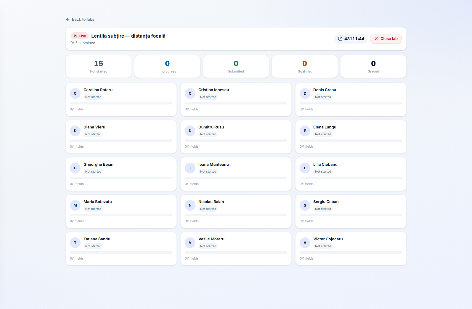 The live lab monitor — each pupil’s progress and score