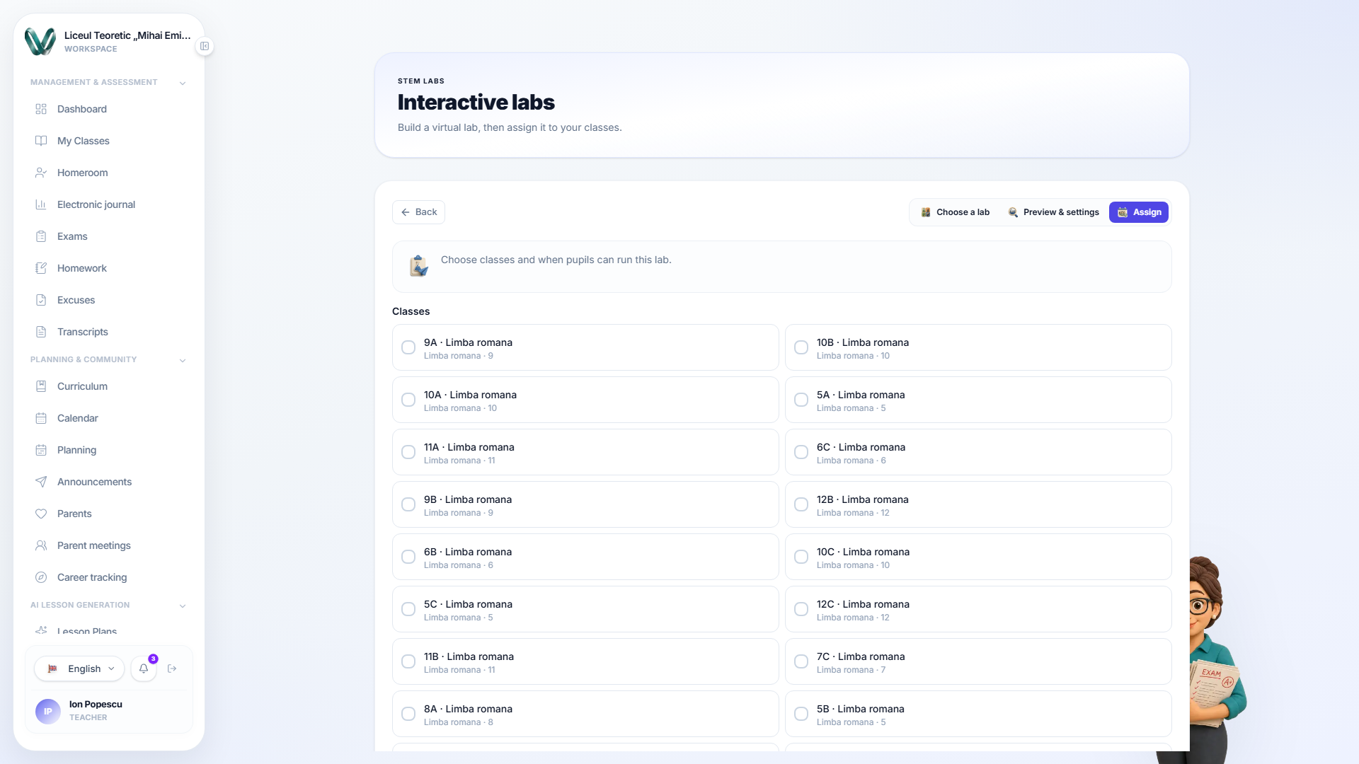 The assign step — classes, mode, window and duration