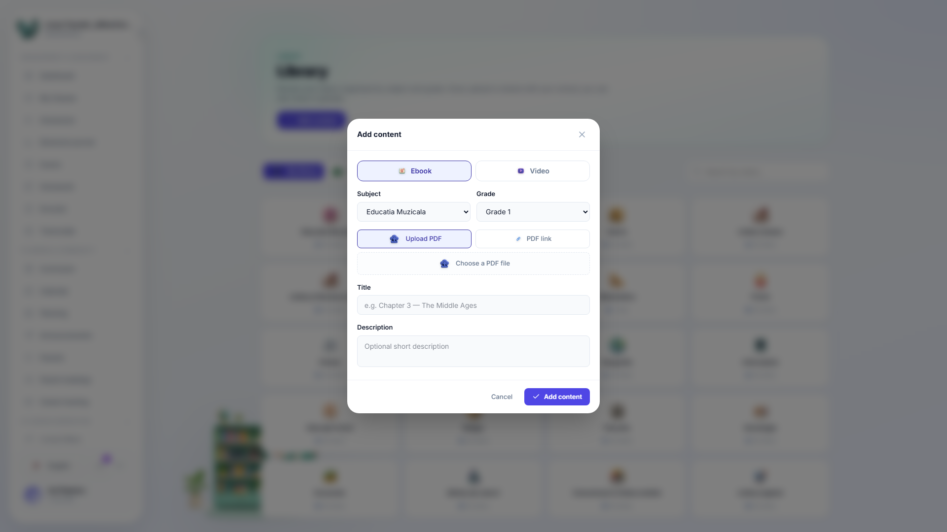 The add-to-library dialog — kind, subject, grade and the link or file