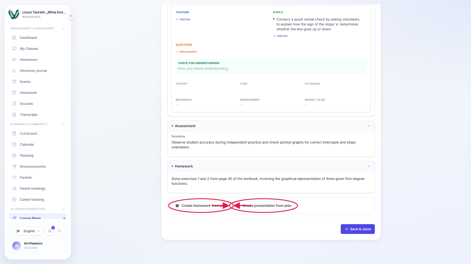 The create-homework and create-presentation buttons on a finished plan