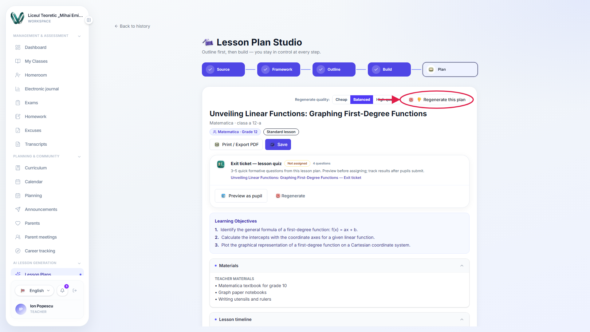 The regenerate-quality tier selector and the Regenerate this plan button highlighted at the top of a finished plan