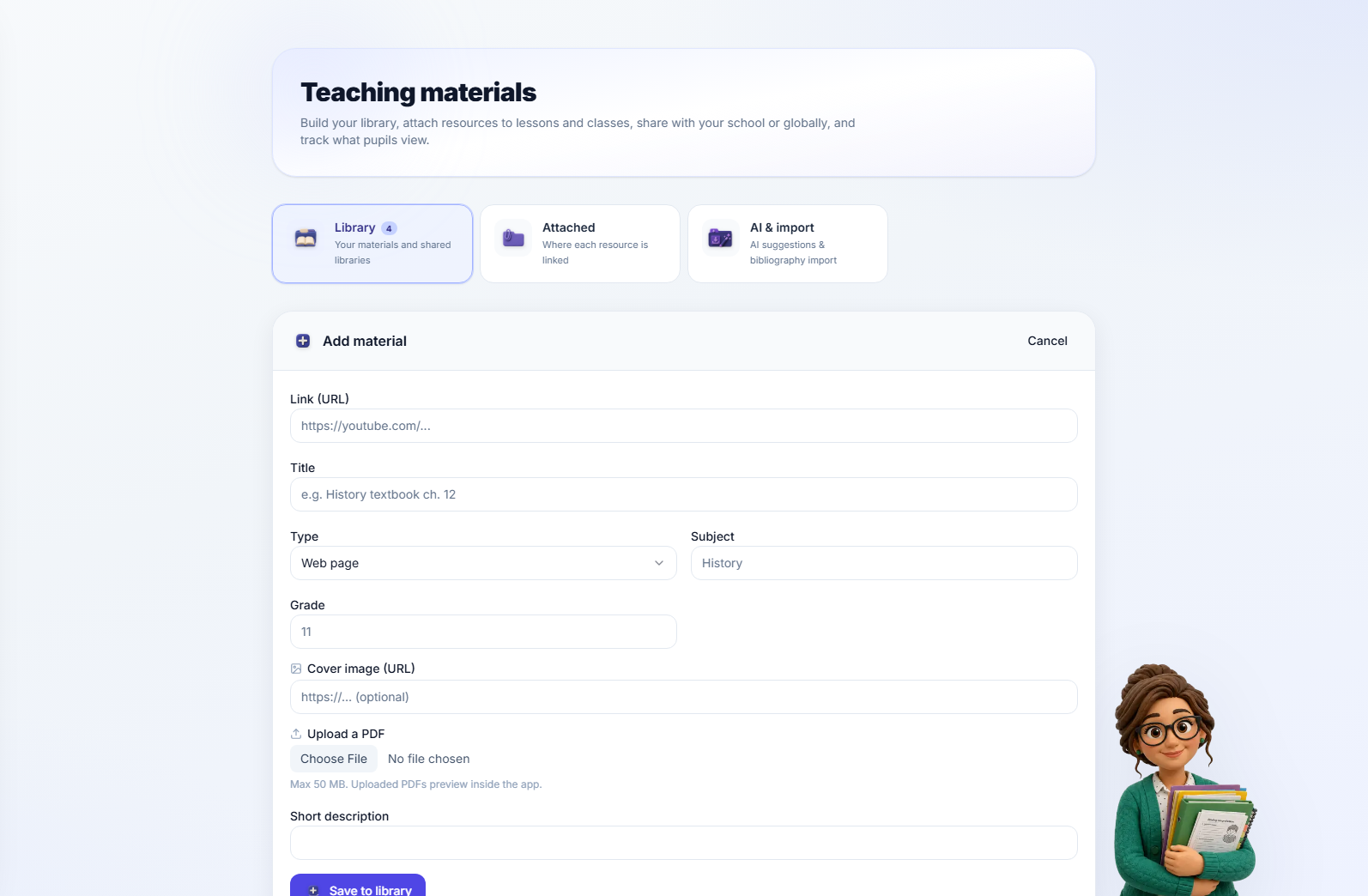 The add-material form — link or upload, title and description