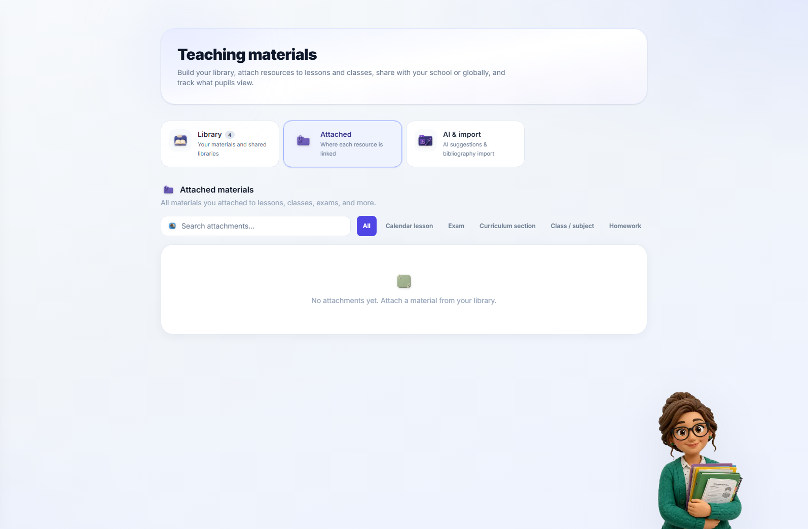 The attached tab, listing materials already placed on lessons