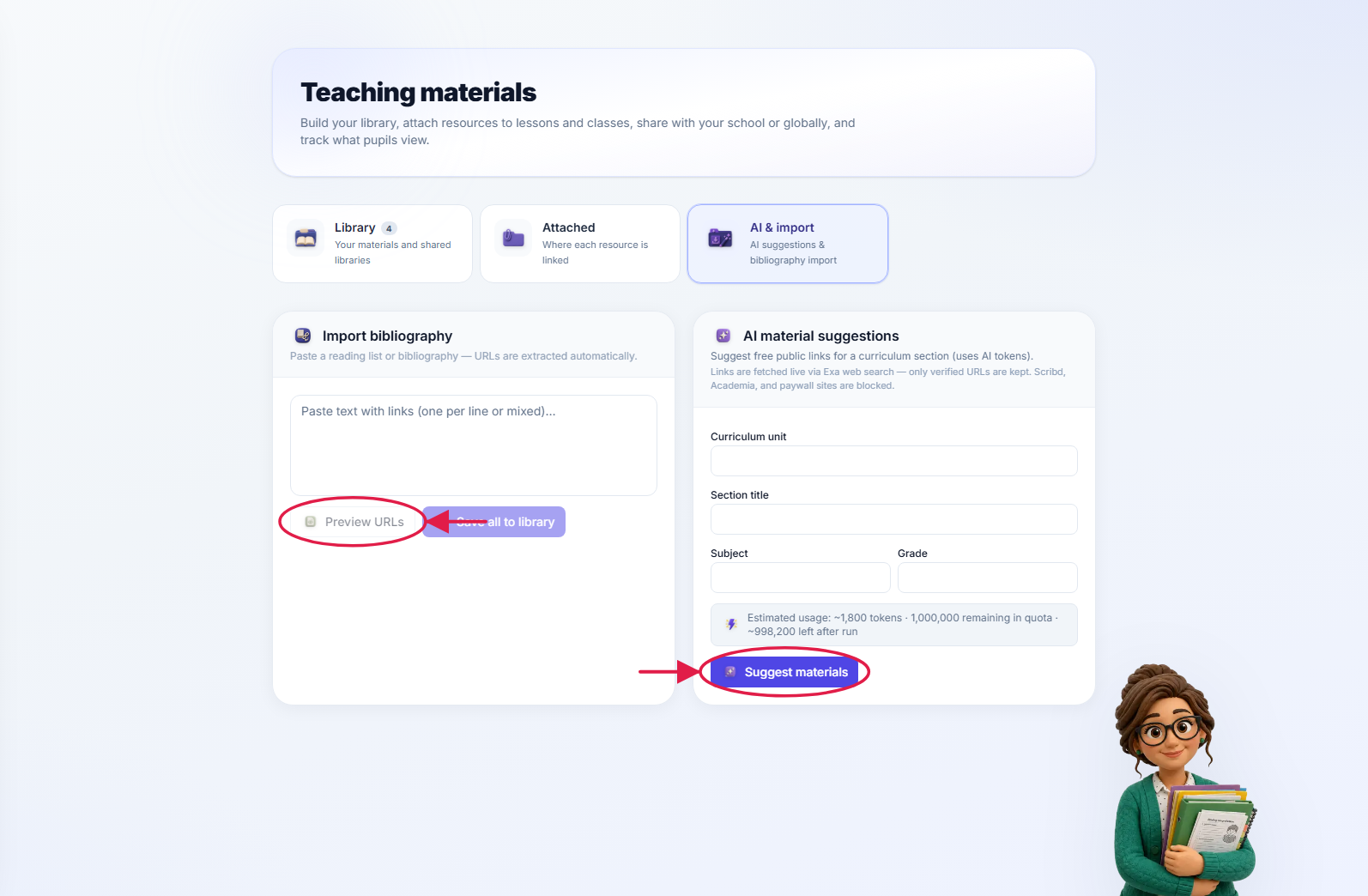 The AI and import tab — bibliography import on the left and AI material suggestions on the right, with Preview URLs and Suggest materials highlighted