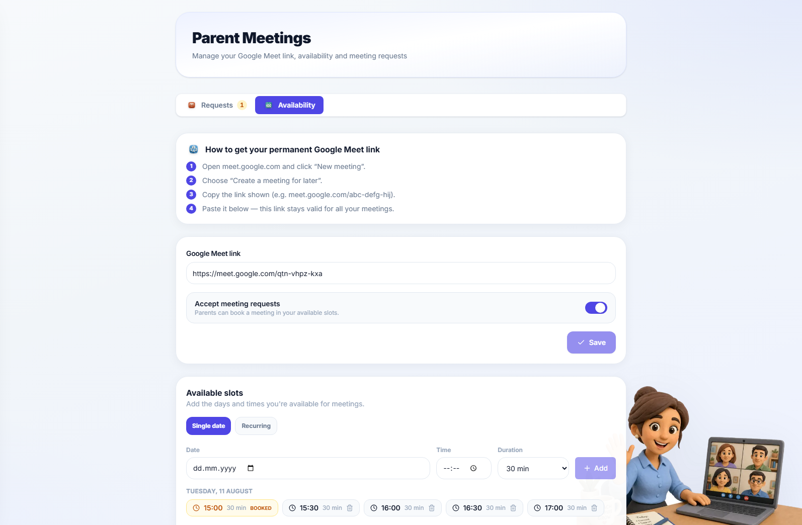 The availability tab, where the meeting link and free times are set