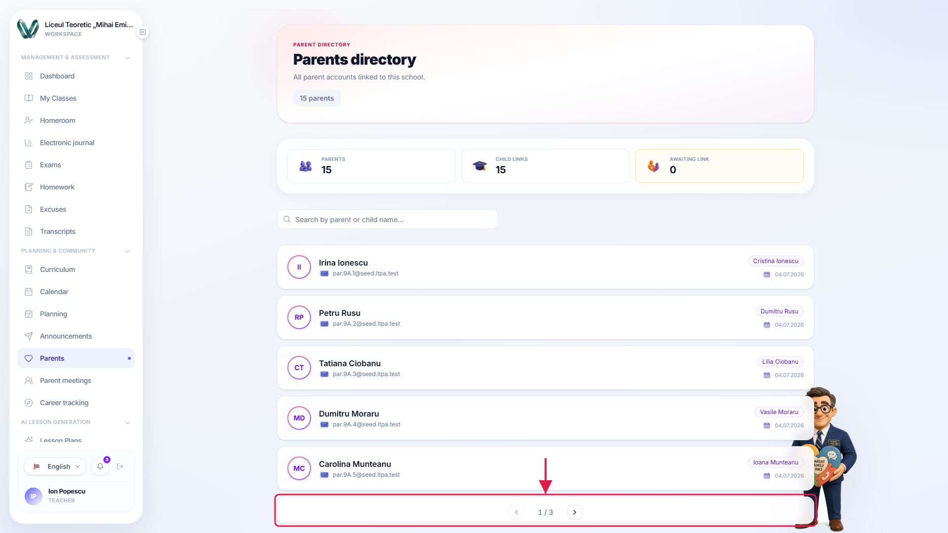 The pagination control under the parents list