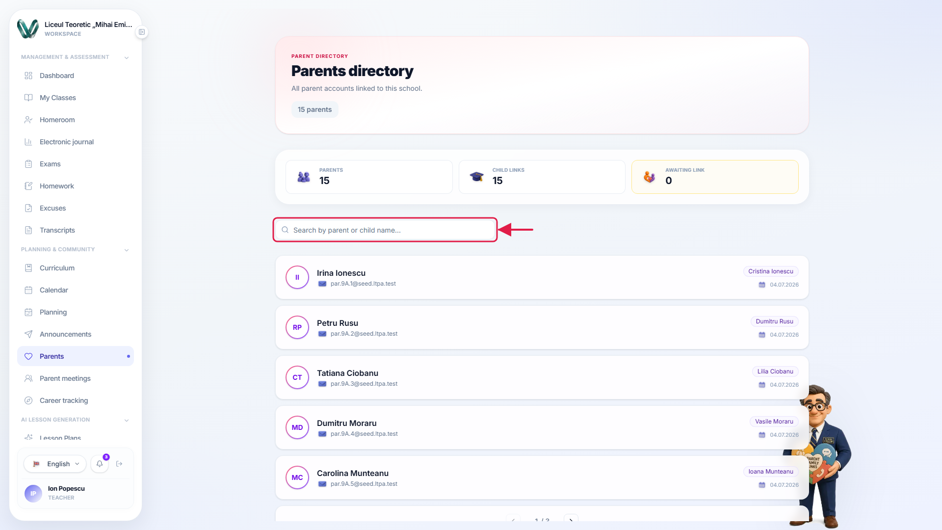The parents search box highlighted
