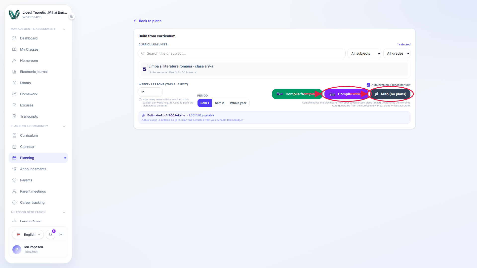 The planificare builder with the compile-with-AI button highlighted