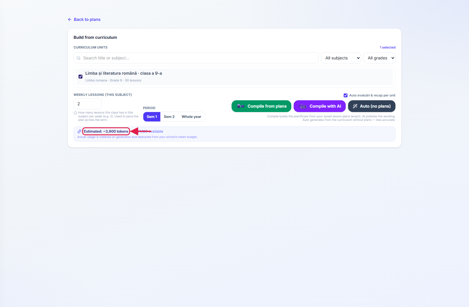 The curriculum picker with curricula selected and the token cost shown