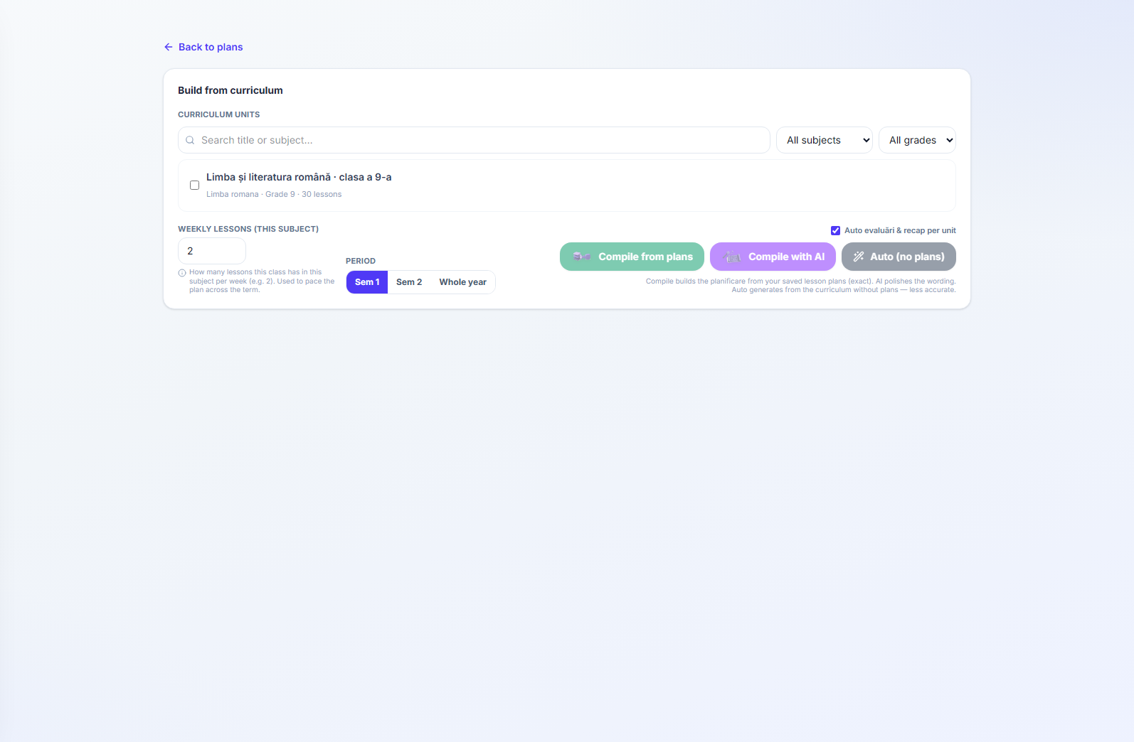 The planificare setup panel — class, subject, period and weekly hours