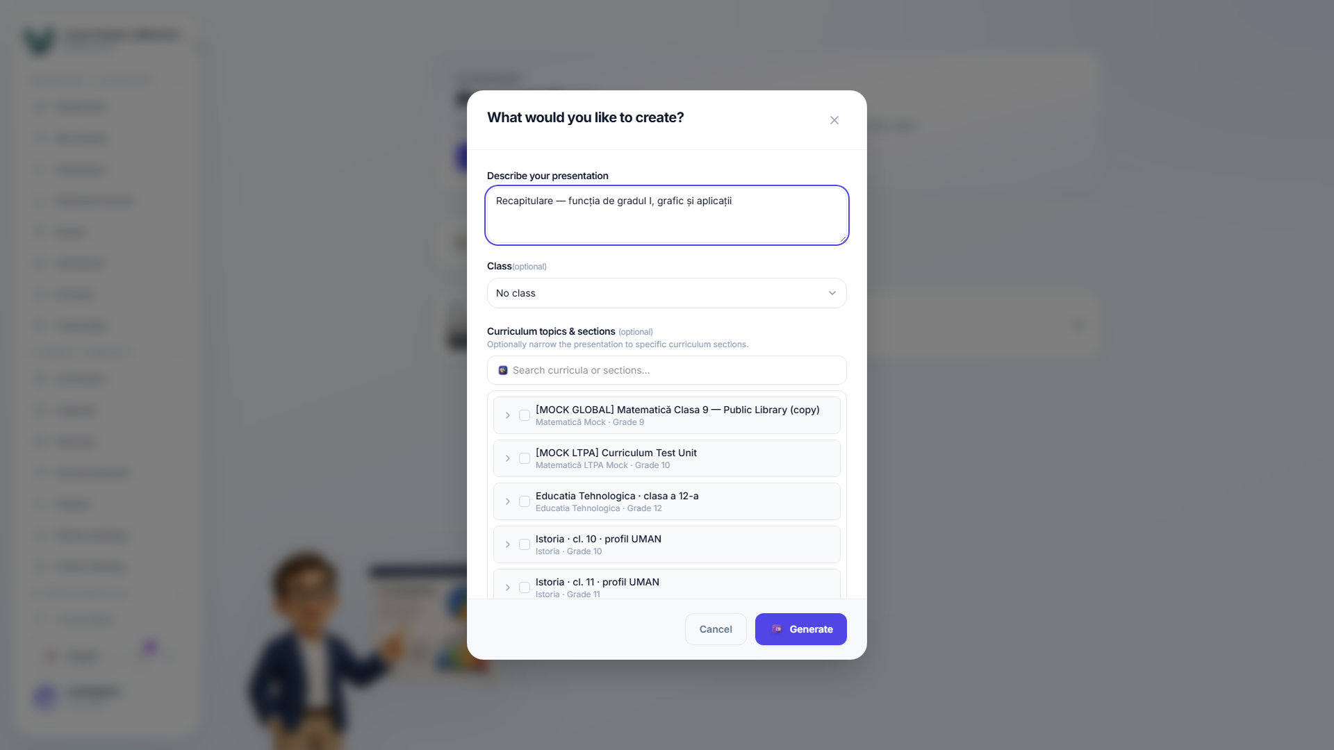 The new-presentation dialog — topic, slide count and theme