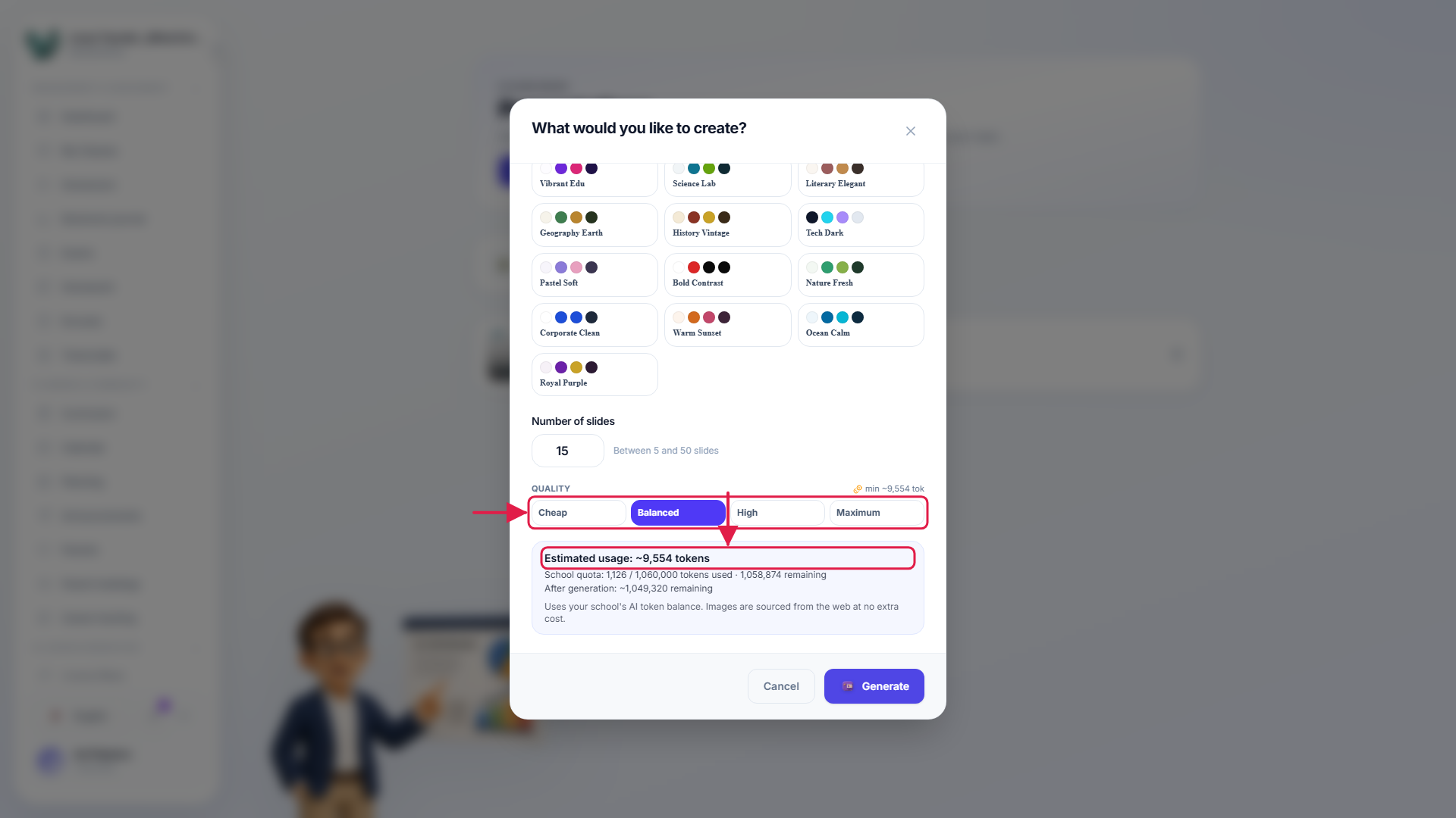 The new-presentation dialog showing the quality tiers and the estimated token cost of each