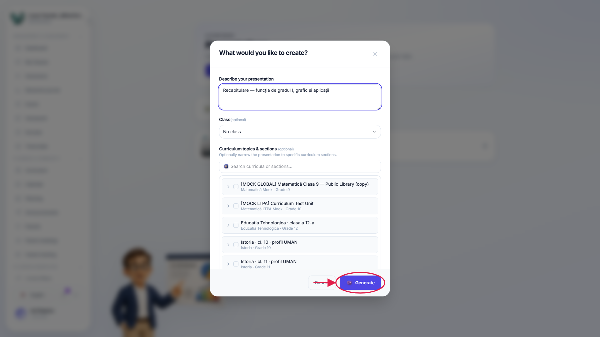 The new-presentation dialog with the generate button highlighted