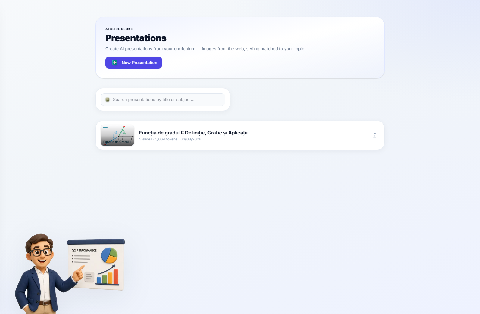 The presentations list